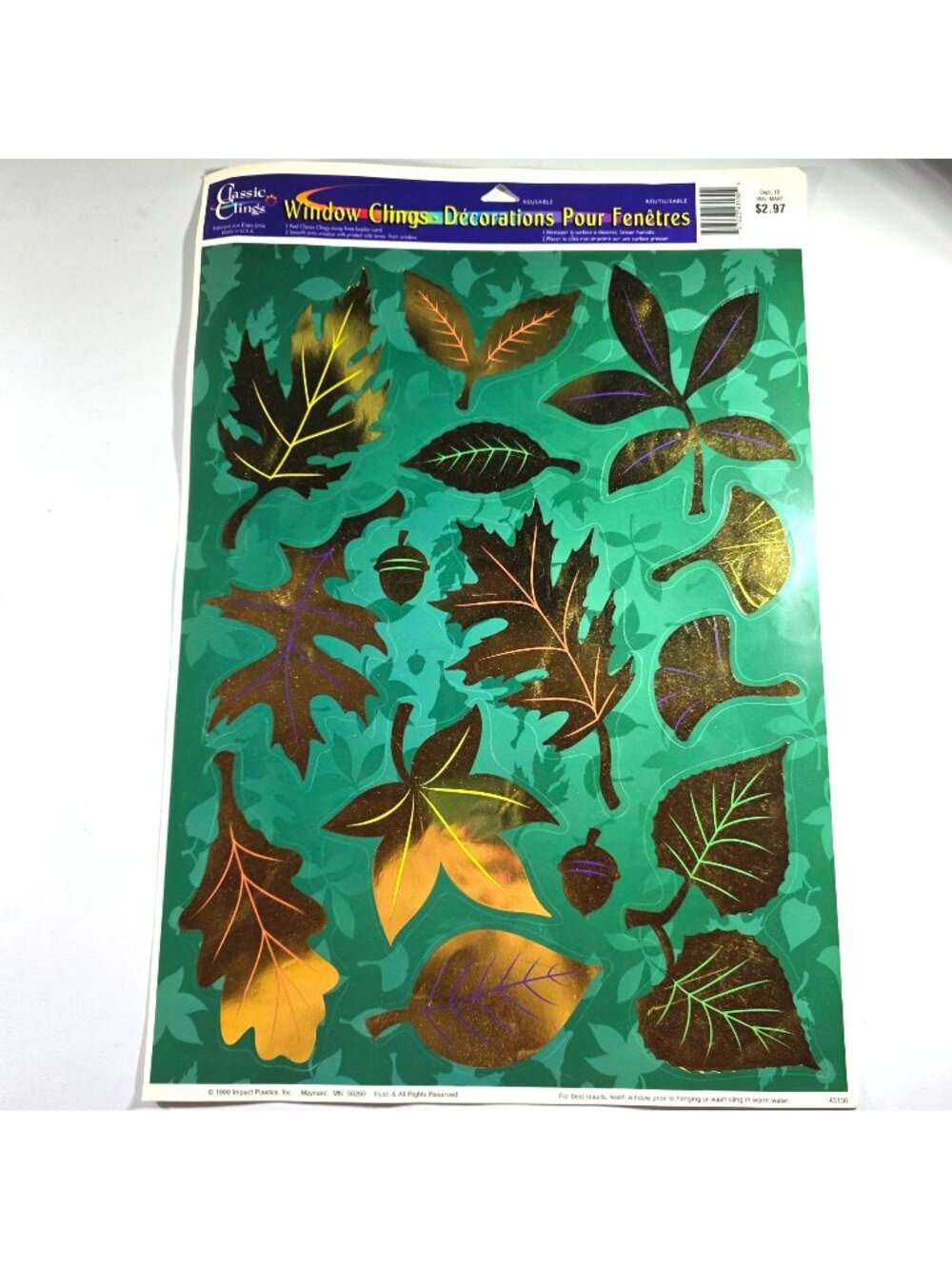 Window Clings Autumn Leaf Reusable vtg 90s metallic fall decor thanksgiving